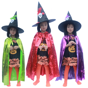 万圣儿童节披风表演服装魔法师巫婆衣服化妆舞会斗蓬帽小女巫装扮