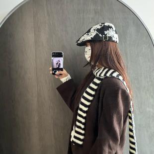 饰围脖 Y2k条纹毛绒围巾女秋冬小众设计感辣妹百搭装 韩版 细窄长款