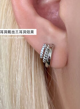 假三件锆石圈圈耳环女轻奢小众设计高级感耳扣气质纯银针耳钉耳饰