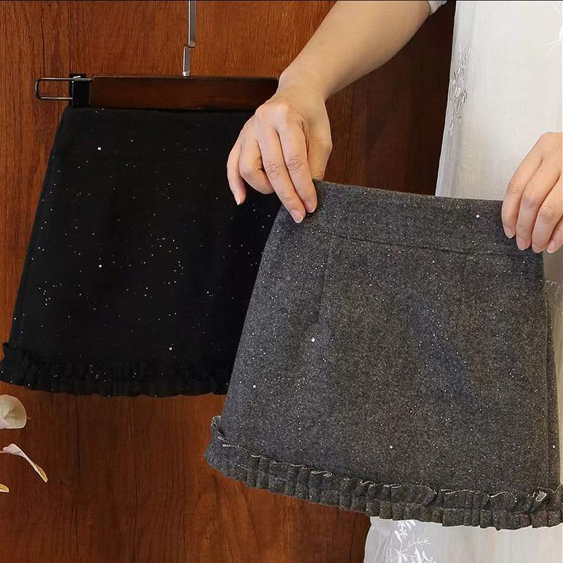 2026春秋新款女童毛呢半身裙 女孩高腰荷叶边A字短裙防走光公主裙