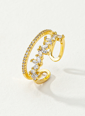 欧美爆款高级感ins轻奢双层微镶锆石小众设计开口可调节女式戒指