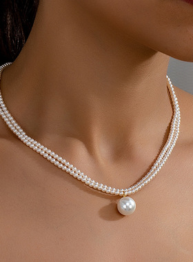 宴会优雅双层琉璃珍珠吊坠项链细款法式复古时尚锁骨链送女生礼物