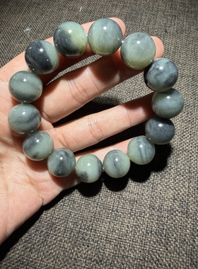 新疆和田玉籽料青花手串16mm留有原皮没有纹裂男女礼物珠串