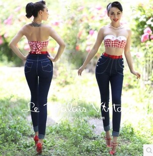 双排扣高腰紧身显瘦小脚牛仔裤 复古经典 vintage孤品 palais