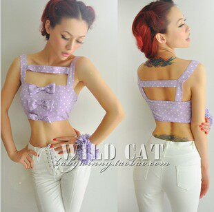 孤品WILD CAT   限量PIN UP甜美百搭淡紫波点超蝴蝶结短露背吊带