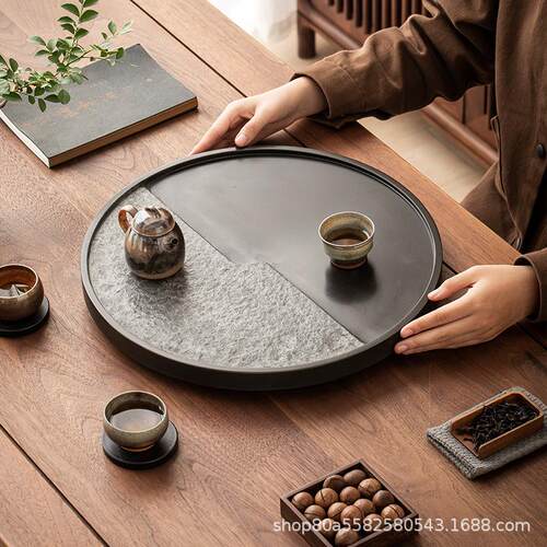 整块乌金石茶盘家用圆形现代排水天然创意茶海客厅简约托盘茶具