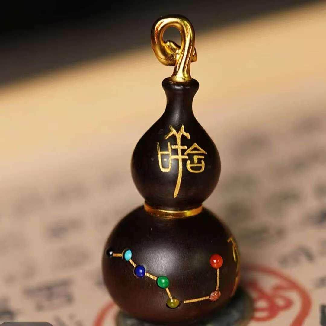 天然枣木文玩葫芦银丝镶嵌描金雕手把件/把玩物