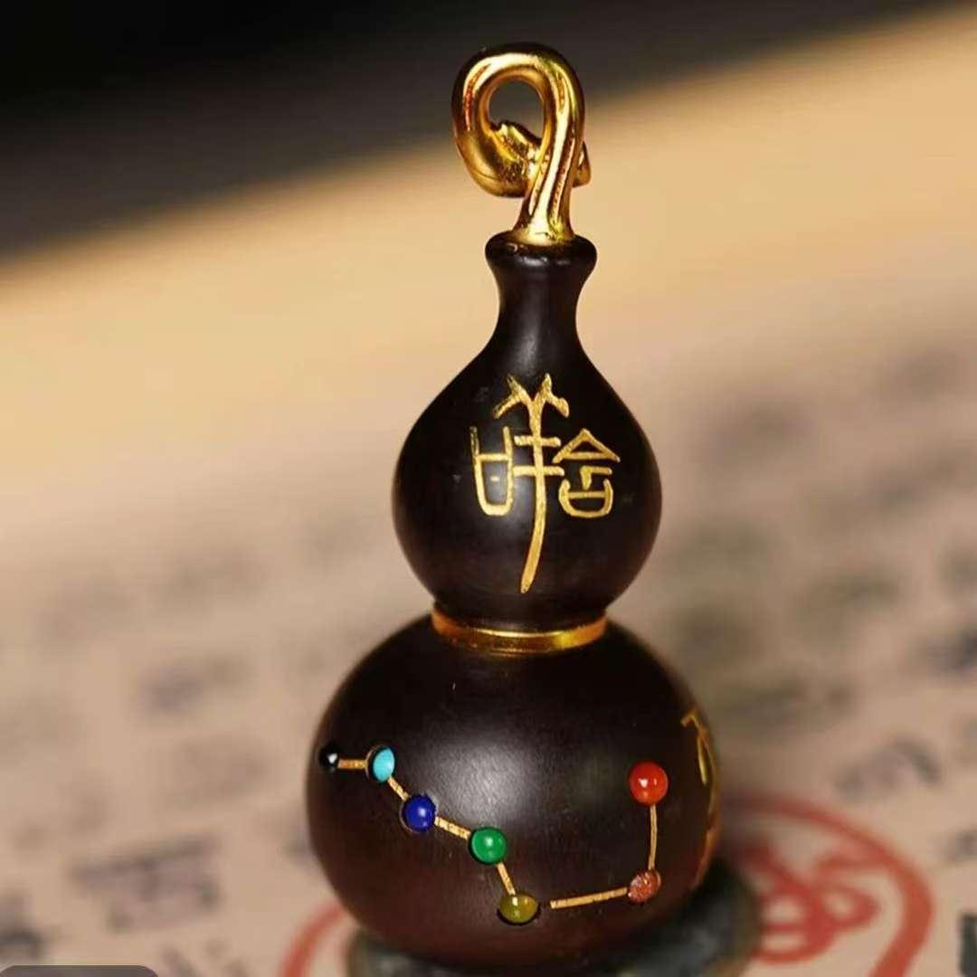 雷击枣木玉化文玩镶嵌七星葫芦手工描金七元君葫芦开口葫芦手把