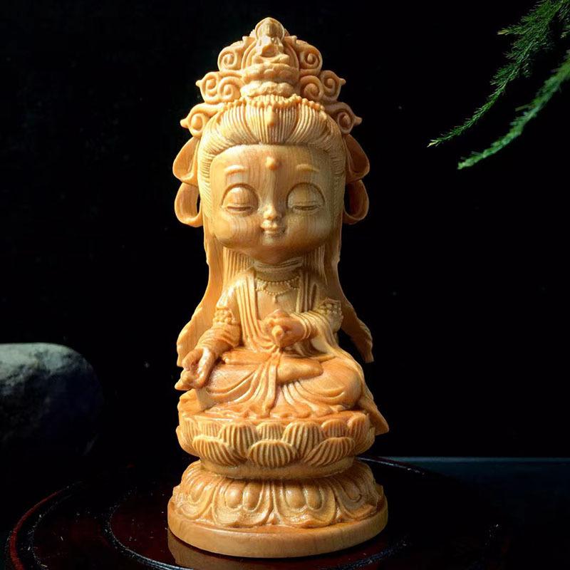 崖柏木雕观音手把件中式原木像家居文玩摆件 木Q版观世音菩萨