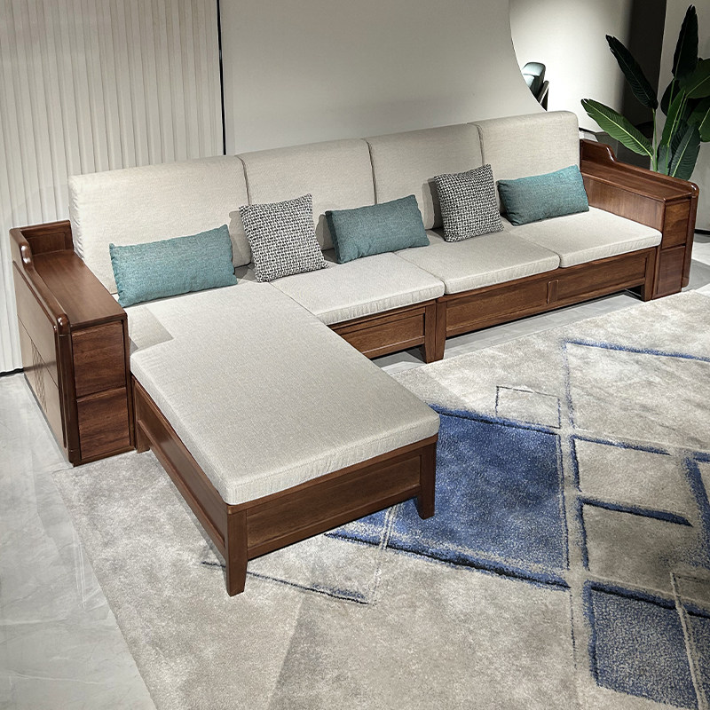 胡桃木沙发客厅家用现代简约小户型储物全实木冬夏两用转角四人位