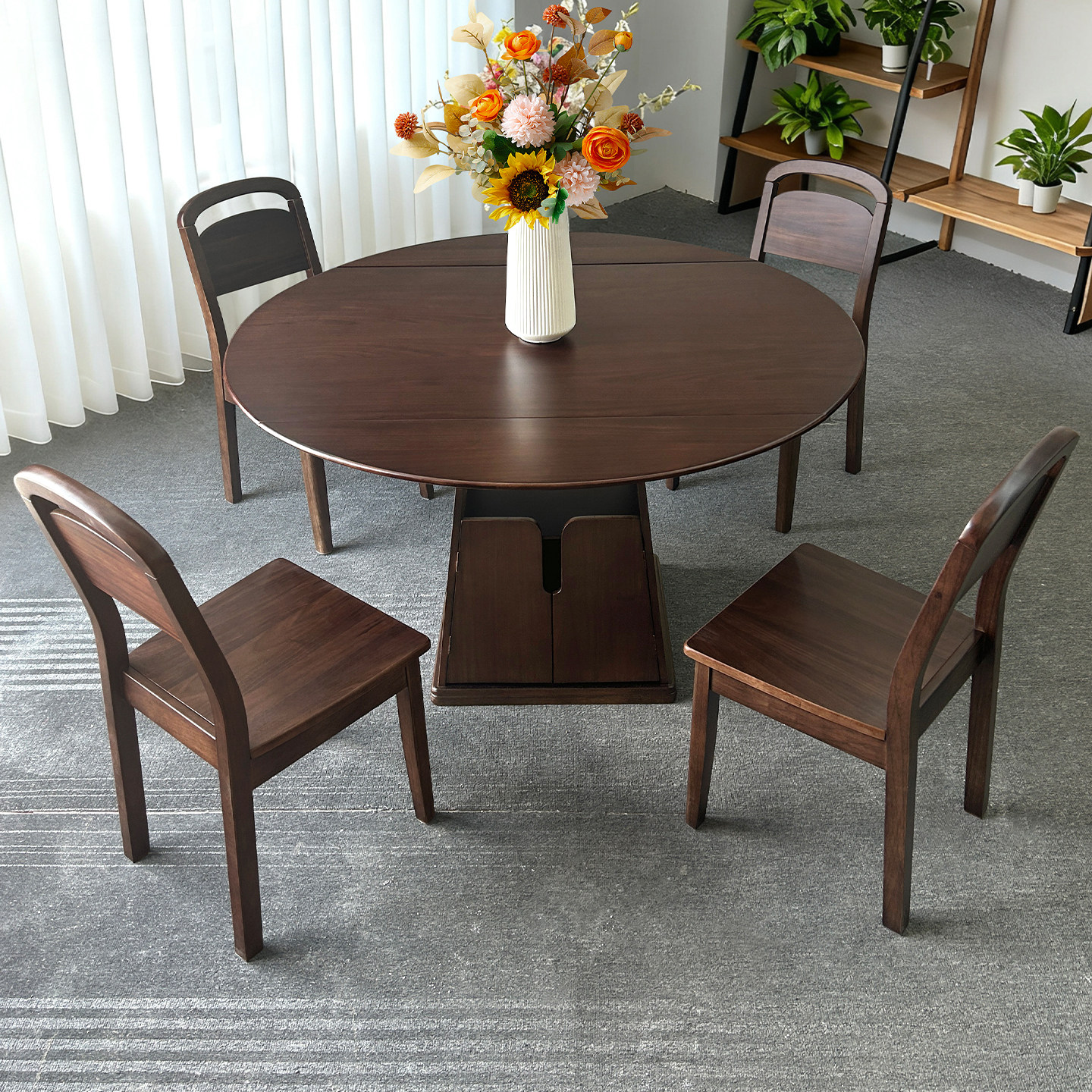 全实木餐桌椅组合胡桃木中古简约可折叠伸缩可变圆桌家用小户型