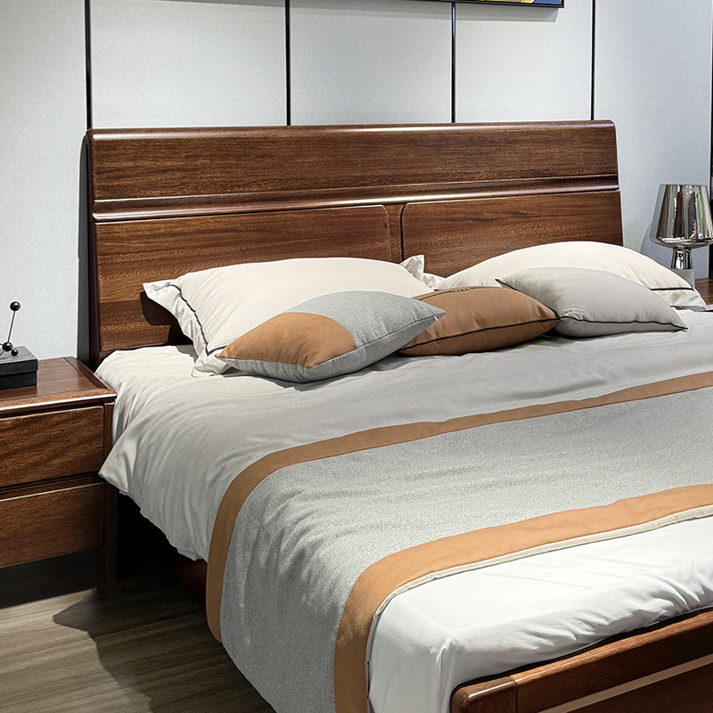 简约现代胡桃木双人床1米8大床主卧室高箱储物小户型1米5全实木床