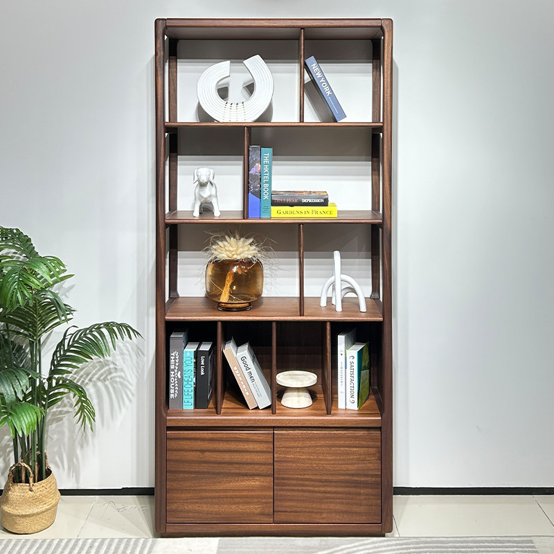 现代简约全实木高边柜客厅家用置物落地书架核桃木装饰展示架新款