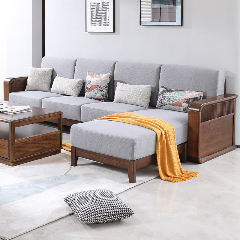 全实木沙发客厅小户型现代简约三人位胡桃木贵妃木质四人位沙发