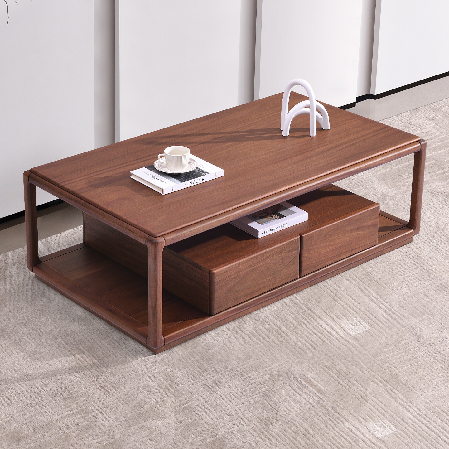 简约现代全实木茶几客厅家用茶桌带抽屉储物核桃木小户型2026新款