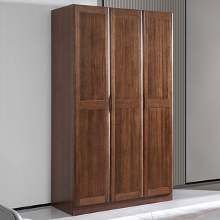 简约现代胡桃木衣柜家用卧室小户型定制组装 全实木三门落地衣橱