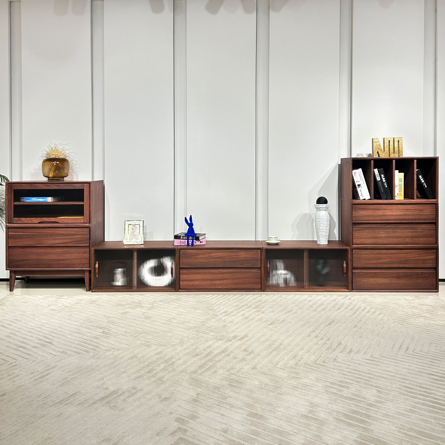 全实木电视柜客厅家用模块化自由组合现代简约核桃木落地储物柜