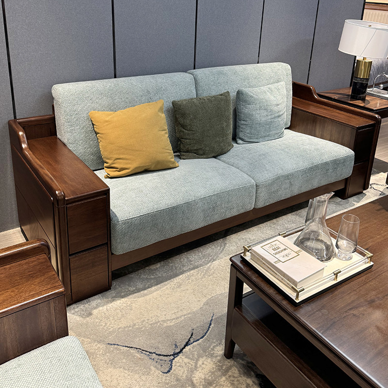 全实木沙发组合胡桃木简约现代单两三四人位直排布艺沙发客厅家用