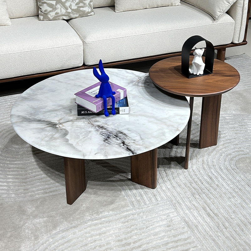 现代简约全实木茶几圆形客厅家用茶桌超晶石小户型大小圆组合圆几