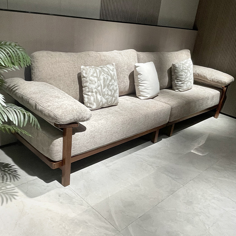 简约现代胡桃木沙发小户型客厅家用全实木沙发棉麻布艺直排四人位