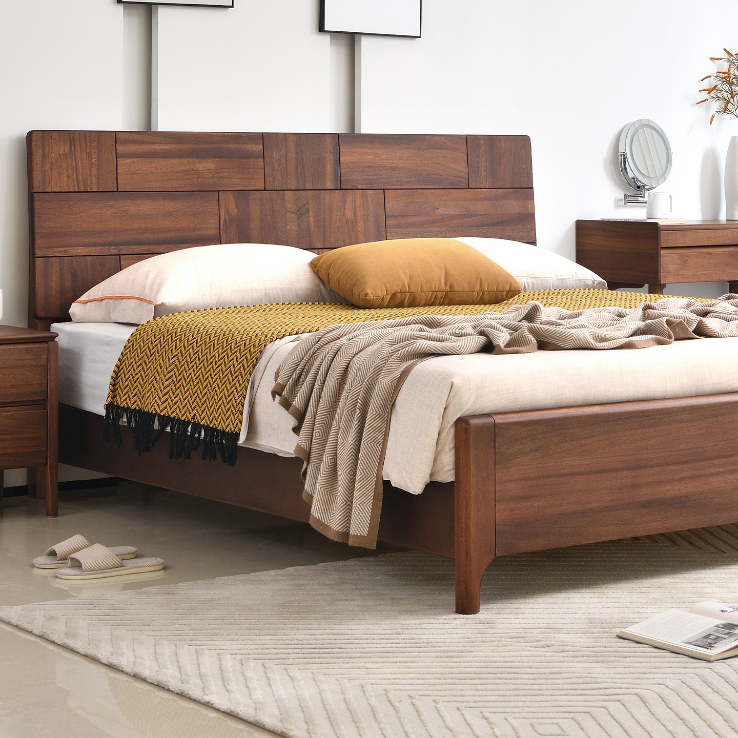 全实木床卧室1.8米双人床主卧现代简约核桃木高靠背1米5床新款