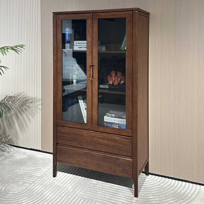胡桃木高柜现代简约收纳酒柜小户型客厅全实木储物柜展示柜边柜