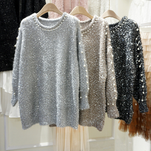 很仙的毛衣女秋冬新款宽松慵懒风流苏钉珠外穿套头亮丝针织打底衫