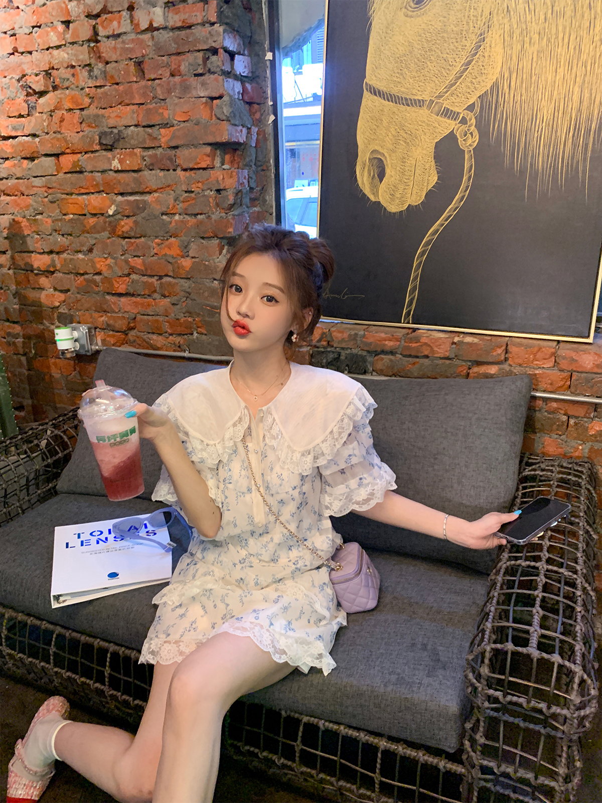 美美的夏夏 蕾丝软糯亲肤甜美可人拼接娃娃领公主小碎花连衣裙夏