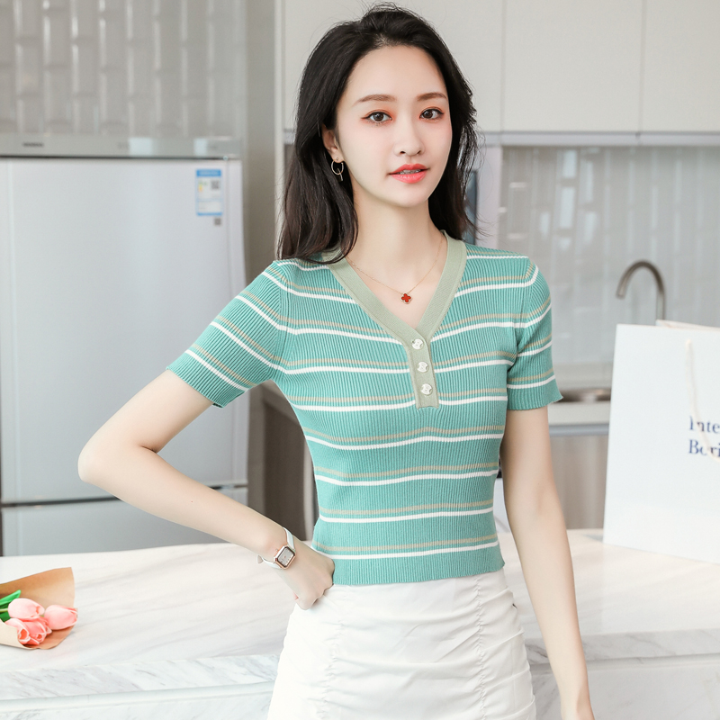 v领条纹短袖t恤女修身短款