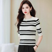2026春季 新款 中袖 条纹针织衫 上衣 小个子短款 女半袖 打底衫 薄款 女装