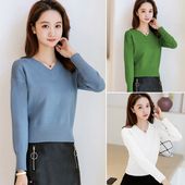 加厚内搭打底衫 百搭套头针织衫 v领毛衣女秋冬高腰小个子上衣 短款