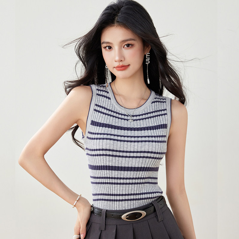 条纹冰丝针织背心女内搭2025新款夏季 修身无袖t恤小个子短款上衣,女装/女士精品,背心吊带,淘宝优惠券,粉丝福利购,淘宝优惠卷