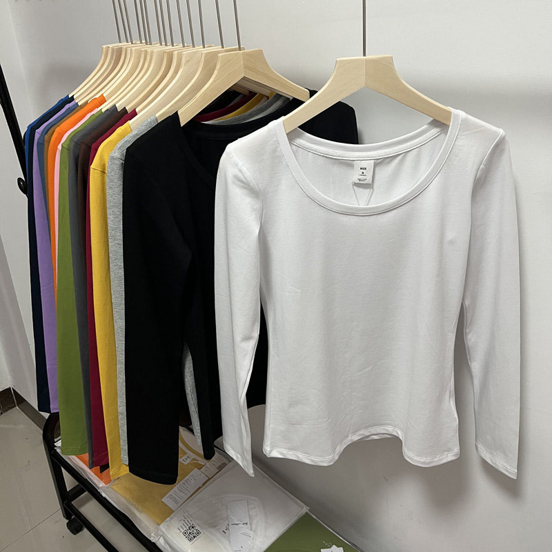 纯棉白色长袖t恤女修身 2026春季新款女装紧身上衣圆领内搭打底衫
