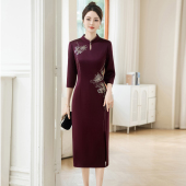 醋酸段喜婆婆高端婚宴礼服紫色东来结婚妈妈礼服新中式 改良旗袍裙