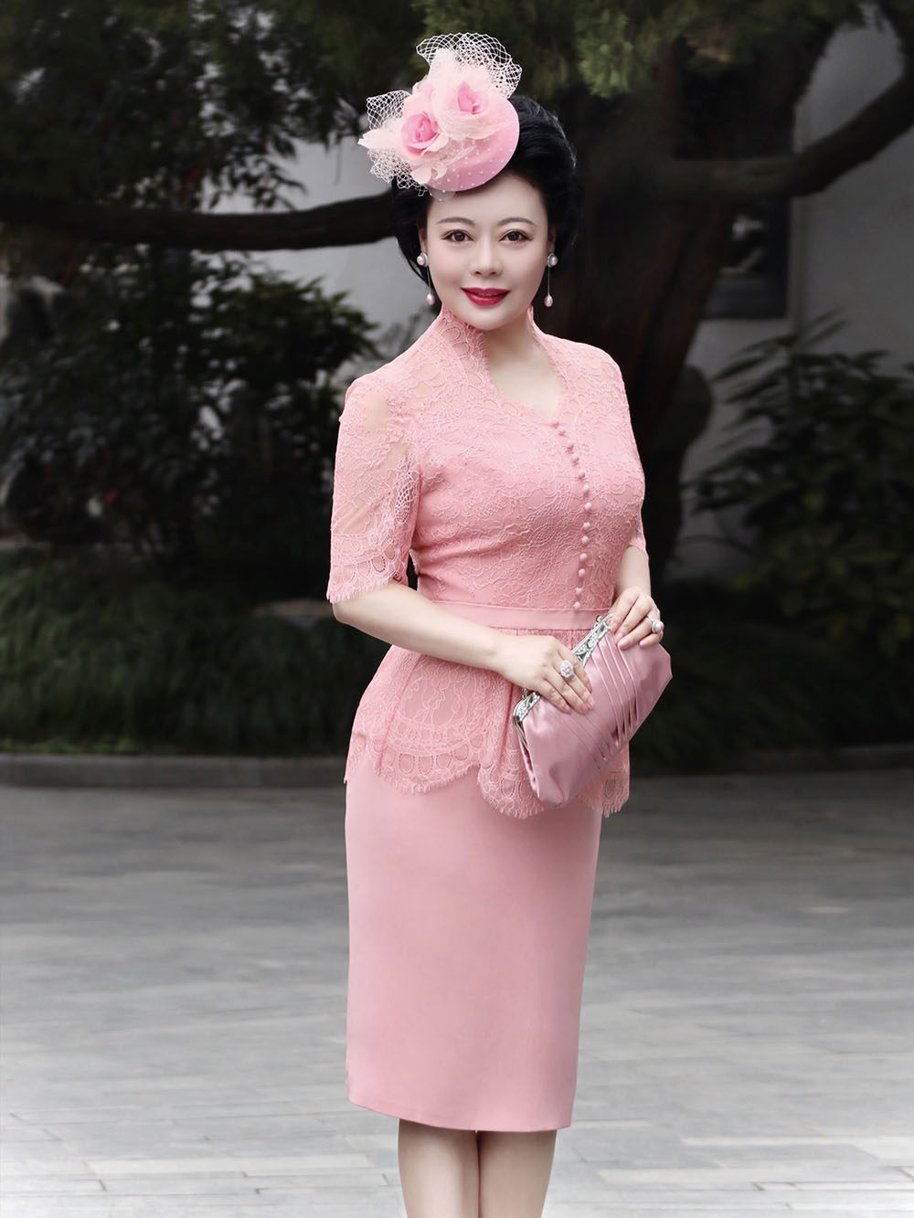 时髦西瓜红蕾丝连衣裙婚礼妈妈装礼服旗袍上海明星设计师高端定制
