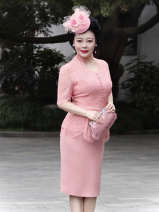 时髦西瓜红蕾丝连衣裙婚礼妈妈装礼服旗袍上海明星设计师高端定制