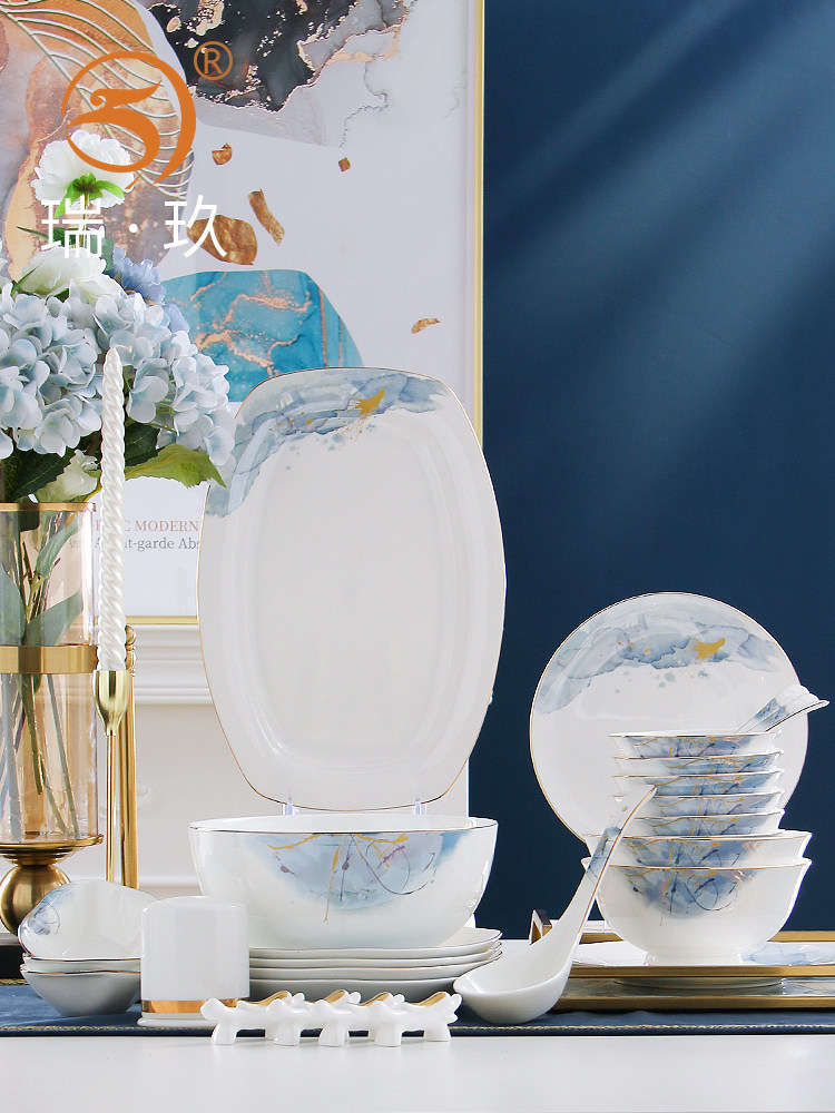 36头骨瓷餐具套装轻奢碗盘家用金边碗盘碟组合套具乔迁送礼盒,餐饮具,餐具瓷器套装,淘宝优惠券,粉丝福利购,淘宝优惠卷