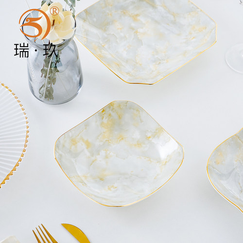 方盘家用骨瓷深盘大理石纹金边盘子餐盘创意盘子2025新款网红菜碟