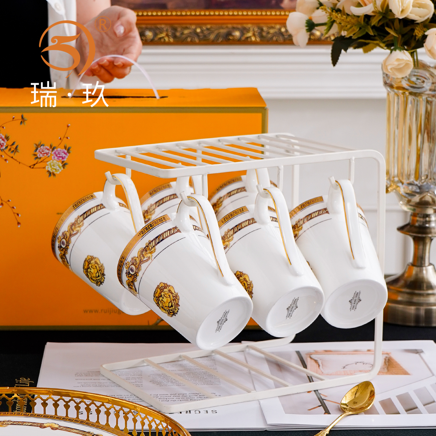 欧式描金骨瓷杯子套装6个送杯架