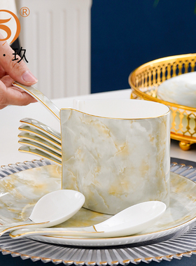 轻奢描金骨瓷勺子笼勺架家用餐桌调羹收纳盒陶瓷叉勺筒筷子筒摆件