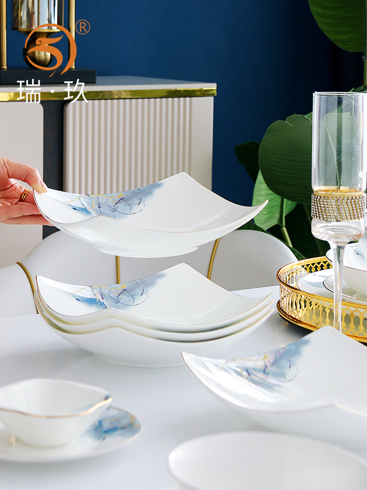 家用餐具8英寸深菜盘子 创意田园风翘脚餐盘 骨瓷金边饭盘沙拉盘