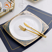 骨瓷浮雕金天元 盘酒店方形西餐盘牛排意面盘家用平盘陶瓷浅盘菜盘