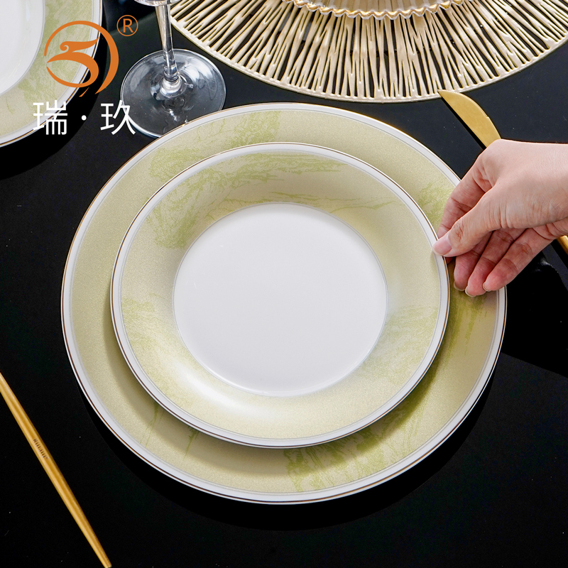 家用金边骨瓷浅盘牛排摆台餐盘