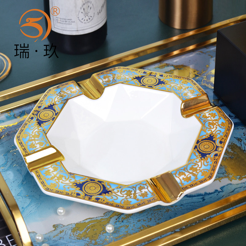 浮雕金烟缸骨瓷家用客厅陶瓷大号烟灰缸欧式轻奢创意老公生日礼物