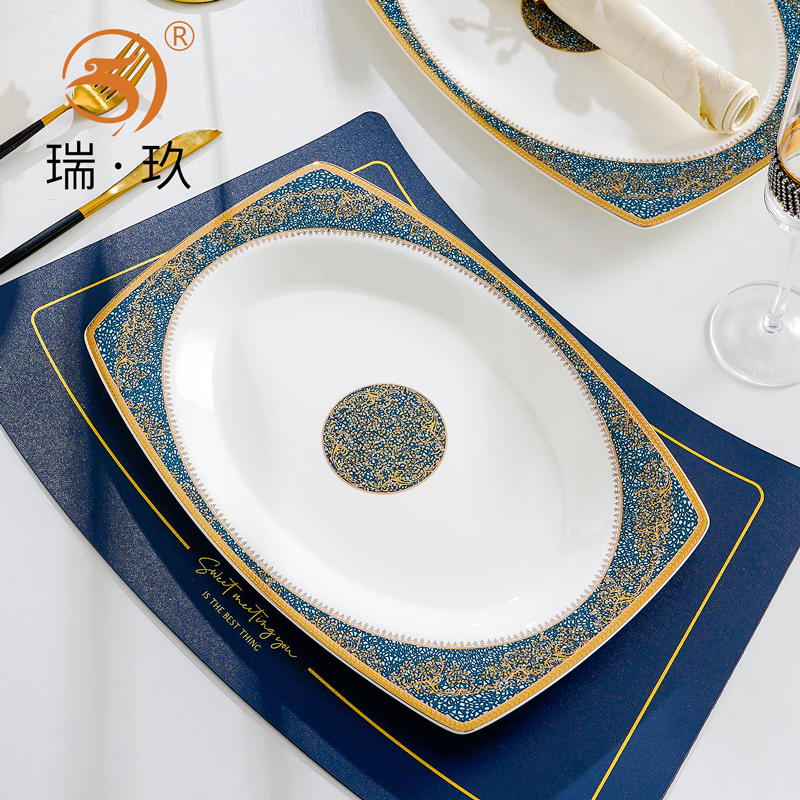 鱼盘骨瓷家用浮雕金大容量防烫手