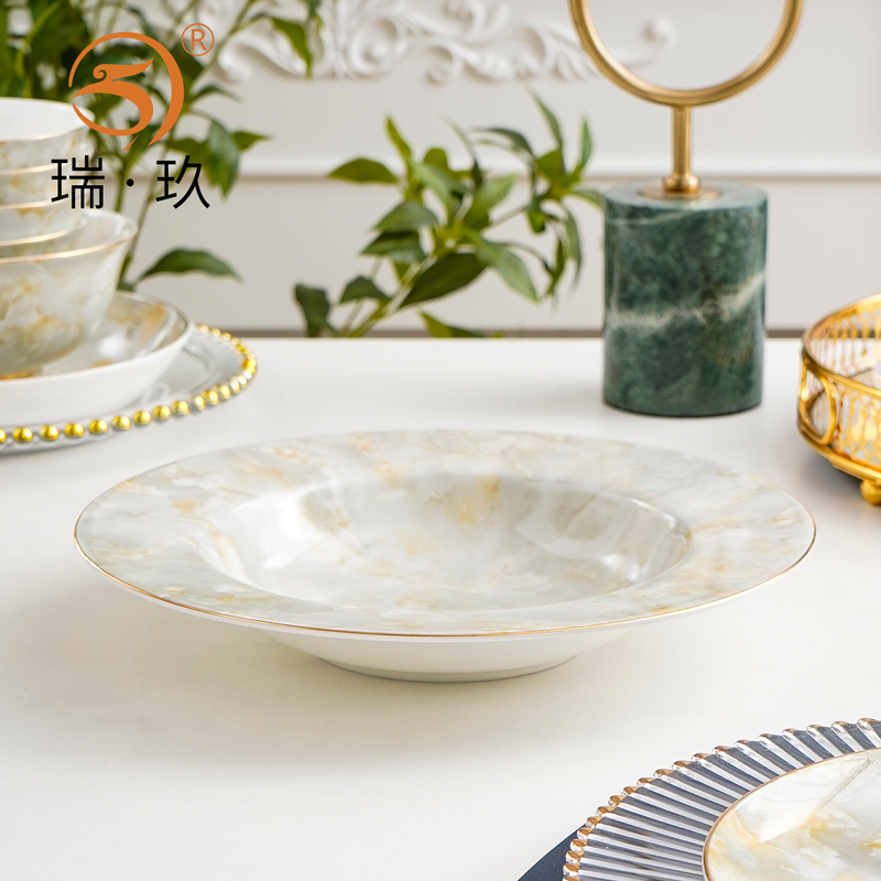 创意轻奢草帽盘家用10英寸深盘菜盘酒店陶瓷意面盘浓汤盘西式餐盘