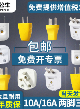 公牛插头二两脚三脚10A/16A空调三孔电源电线3角大功率插头不带线