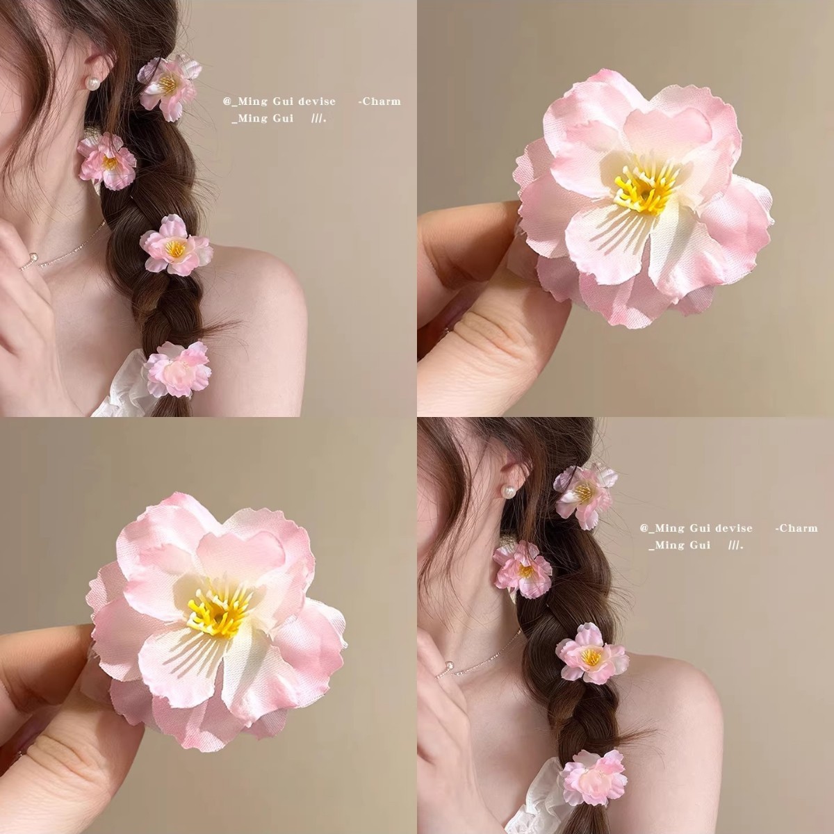 超仙桃粉花朵发夹鸭嘴夹女气质森
