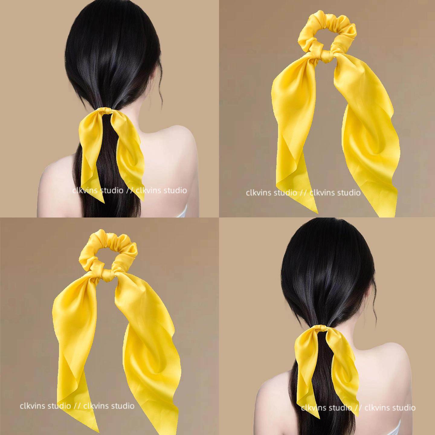 金盏黄鸢~黄色打结缎面大肠发圈！马尾飘带扎头绳韩版盘发头饰女
