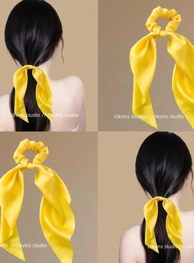 金盏黄鸢~黄色打结缎面大肠发圈！马尾飘带扎头绳韩版盘发头饰女